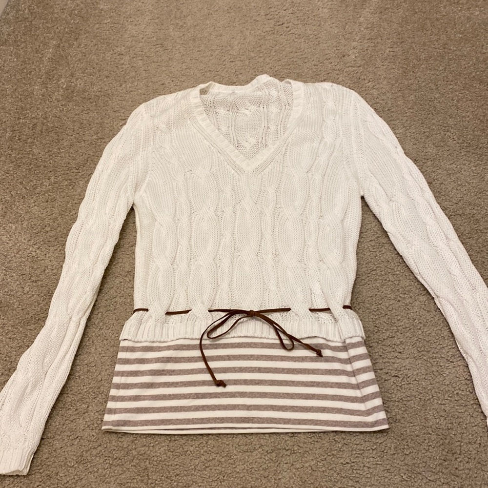 Cream Ribbed Sweater with Tan Striped Accents at bottom